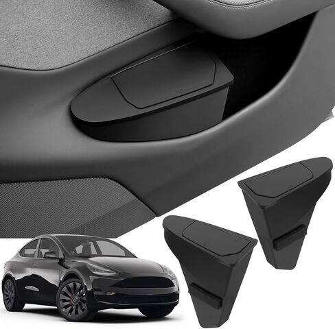 Front Door Storage Organizer Compatible with Tesla Model Y Juniper 2025 2026, 2 PCS Car Trash Can Trash Bin with Push-Open Lid Waterproof Side Door Storage Box - Black in Kuwait