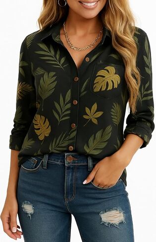 قمصان نسائية من NUOREEL بأزرار مطبوعة بالزهور وأكمام طويلة وياقة على شكل V بلوزة قطنية غير رسمية للعمل المكتبي استوائي in Kuwait