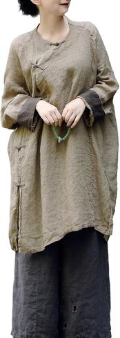 Women's Linen Shirts Long Sleeve Tops Vintage Hand Sewn Chinese Frog Button Loose Blouse in Kuwait