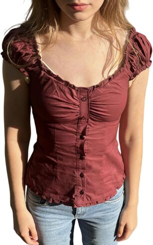 Women Y2k Downtown Girls Clothes Summer Short Sleeve Button Down Shirts Vintage Fitted Frill Trim Blouses in Saudi Arabia