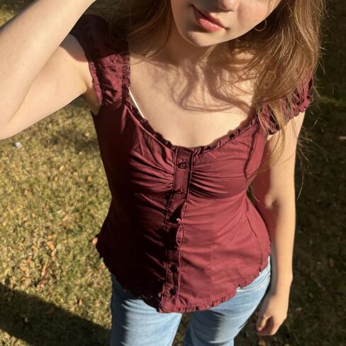 Women Y2k Downtown Girls Clothes Summer Short Sleeve Button Down Shirts Vintage Fitted Frill Trim Blouses in Saudi Arabia