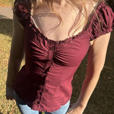 Women Y2k Downtown Girls Clothes Summer Short Sleeve Button Down Shirts Vintage Fitted Frill Trim Blouses in Saudi Arabia