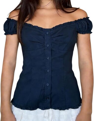 Women Y2k Downtown Girls Clothes Summer Short Sleeve Button Down Shirts Vintage Fitted Frill Trim Blouses in Saudi Arabia