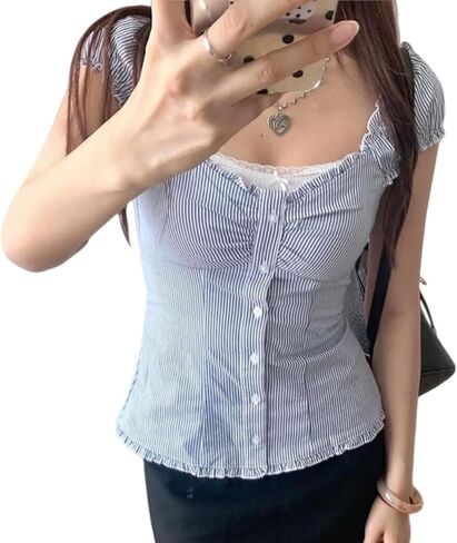 Women Y2k Downtown Girls Clothes Summer Short Sleeve Button Down Shirts Vintage Fitted Frill Trim Blouses in Saudi Arabia