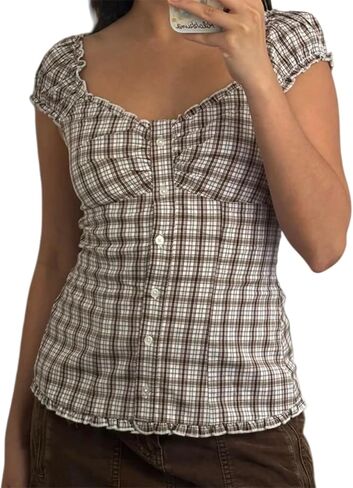 Women Y2k Downtown Girls Clothes Summer Short Sleeve Button Down Shirts Vintage Fitted Frill Trim Blouses in Saudi Arabia