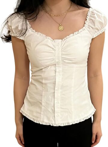 Women Y2k Downtown Girls Clothes Summer Short Sleeve Button Down Shirts Vintage Fitted Frill Trim Blouses in Saudi Arabia
