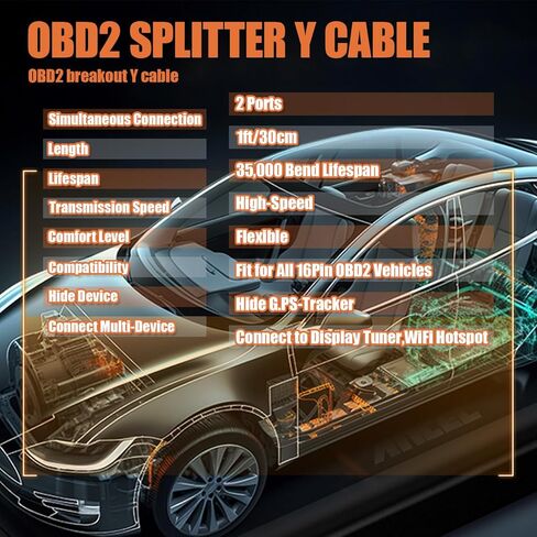 OBD2 Splitter 16 Pin Extension Adapter Cable, OBDII Splitter 2 Way Extension Cable 1FT/30CM Fits for All Standard OBD II Scanners in Kuwait
