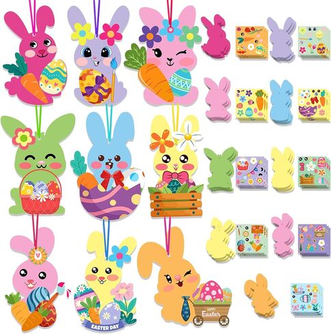HOWAF 27pcs Easter Bunny DIY Craft Ornaments, Make Your Own Rabbit Hanging Ornaments Bunny Craft Kit DIY Stickers for Easter Gift Bag Filler, Chicks Egg Hanging Cutouts in Saudi Arabia