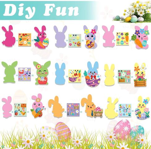 HOWAF 27pcs Easter Bunny DIY Craft Ornaments, Make Your Own Rabbit Hanging Ornaments Bunny Craft Kit DIY Stickers for Easter Gift Bag Filler, Chicks Egg Hanging Cutouts in Saudi Arabia