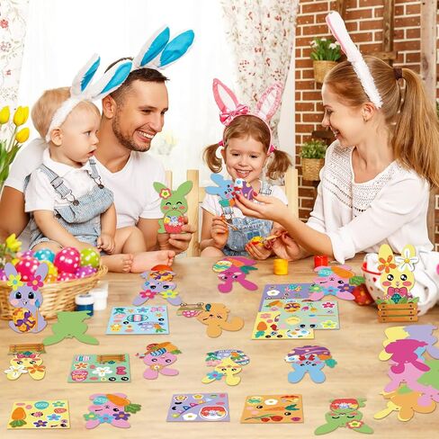 HOWAF 27pcs Easter Bunny DIY Craft Ornaments, Make Your Own Rabbit Hanging Ornaments Bunny Craft Kit DIY Stickers for Easter Gift Bag Filler, Chicks Egg Hanging Cutouts in Saudi Arabia