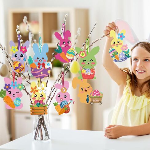 HOWAF 27pcs Easter Bunny DIY Craft Ornaments, Make Your Own Rabbit Hanging Ornaments Bunny Craft Kit DIY Stickers for Easter Gift Bag Filler, Chicks Egg Hanging Cutouts in Saudi Arabia