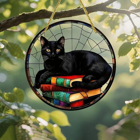 Colorful Acrylic Suncatcher, Halloween Black Cat Resting on Books 7-inch Hanging Window Wall Art Decor with Printed Stained Glass Style Design, Gift Idea & Garden Ornament Indoor Outdoor Use in Saudi Arabia