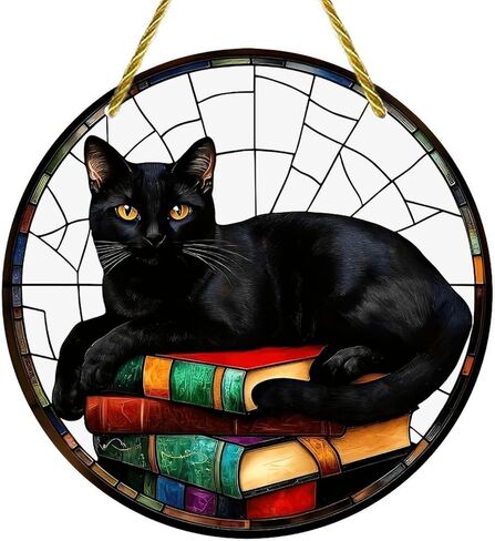 Colorful Acrylic Suncatcher, Halloween Black Cat Resting on Books 7-inch Hanging Window Wall Art Decor with Printed Stained Glass Style Design, Gift Idea & Garden Ornament Indoor Outdoor Use in Saudi Arabia