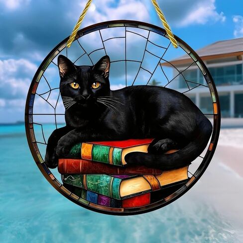 Colorful Acrylic Suncatcher, Halloween Black Cat Resting on Books 7-inch Hanging Window Wall Art Decor with Printed Stained Glass Style Design, Gift Idea & Garden Ornament Indoor Outdoor Use in Saudi Arabia