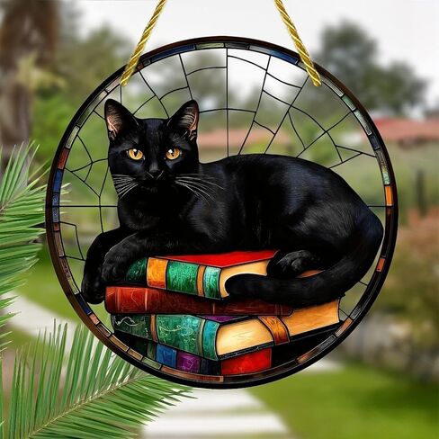Colorful Acrylic Suncatcher, Halloween Black Cat Resting on Books 7-inch Hanging Window Wall Art Decor with Printed Stained Glass Style Design, Gift Idea & Garden Ornament Indoor Outdoor Use in Saudi Arabia