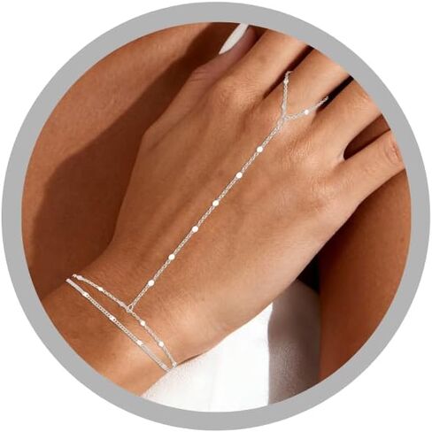 HZDK Gold Bracelets for Women - 14K Gold Plated/Silver Ring Bracelet Hand Chain Stackable Link Chain Hypoallergenic Beaded Bracelets Cute Gold Jewelry Hand Chains Gifts in Saudi Arabia
