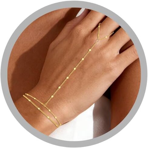 HZDK Gold Bracelets for Women - 14K Gold Plated/Silver Ring Bracelet Hand Chain Stackable Link Chain Hypoallergenic Beaded Bracelets Cute Gold Jewelry Hand Chains Gifts in Saudi Arabia