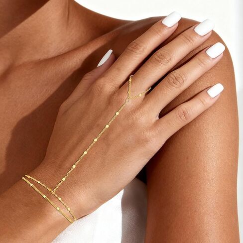 HZDK Gold Bracelets for Women - 14K Gold Plated/Silver Ring Bracelet Hand Chain Stackable Link Chain Hypoallergenic Beaded Bracelets Cute Gold Jewelry Hand Chains Gifts in Saudi Arabia