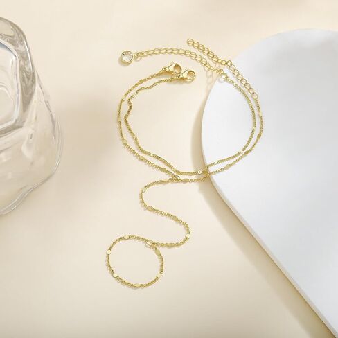 HZDK Gold Bracelets for Women - 14K Gold Plated/Silver Ring Bracelet Hand Chain Stackable Link Chain Hypoallergenic Beaded Bracelets Cute Gold Jewelry Hand Chains Gifts in Saudi Arabia