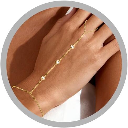 HZDK Gold Bracelets for Women - 14K Gold Plated/Silver Ring Bracelet Hand Chain Stackable Link Chain Hypoallergenic Beaded Bracelets Cute Gold Jewelry Hand Chains Gifts in Saudi Arabia