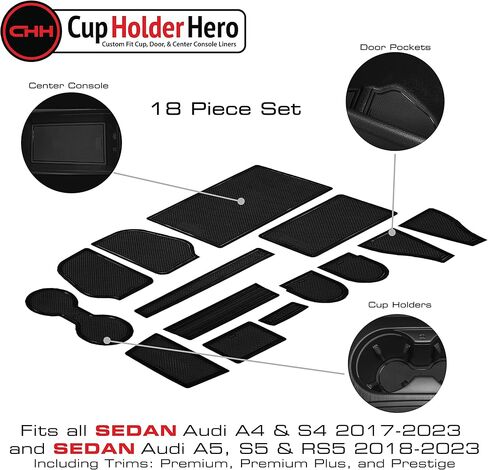 CupHolderHero Compatible with Audi A4 & S4 Accessories 2017-2023 & Audi A5, S5, & RS5 2018-2023 Custom Interior Nonslip Anti Dust Cup Holder Inserts, Console Liner Mats, 18pc Set (Sedan)(Solid Black) in Saudi Arabia