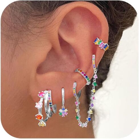 Lovely Colorful Stud Earrings Set for Women Hypoallergenic Silver Gold Multicolor Zircon Chain Hoop Earrings 14K Gold Plated Cubic Zirconia Dainty Lightweight Cuffs Earrings for Women Flowers Dangle Earrings Set for Women Fashion Jewelry Earrings for Gift in Saudi Arabia