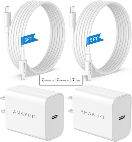 تمت ترقيته لشاحن iPhone 16 15، وكتلة شاحن USB C، وعبوتين من شاحن الحائط السريع من النوع C بقوة 20 وات، وشاحن USB C لأجهزة iPhone 16/15/15 Pro/15 Pro Max/iPad Pro/AirPods والمزيد (عبوتان بطول 5 أقدام) يتضمن كابل USB C) in Kuwait