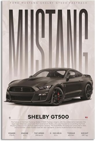 Mustang American muscle Car Canvas Poster Racing Wall Art Painting Birthday Gift Prints House Decor Framed or Unframed (White, 16L x 24W, Framed Canvas) in Saudi Arabia