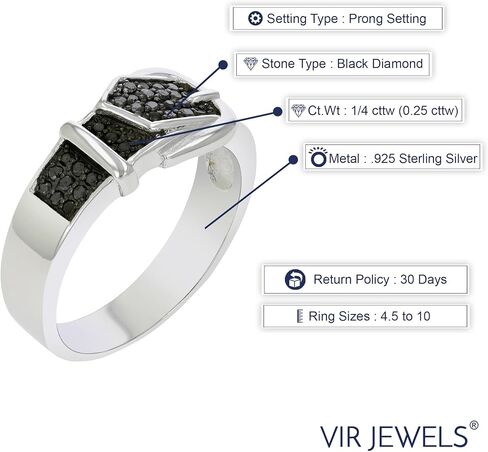 VIR JEWELS خاتم بإبزيم من الألماس الأسود 1/4 قيراط من الفضة الإسترليني عيار 925 مع الروديوم الأسود in Saudi Arabia