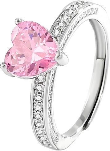 925 Sterling Silver Plated Birthstone Rings for Women, Pink Heart CZ Adjustable Open Heart Cubic Zirconia Birthstone Band Ring Birthday Month Wedding Jewelry Gifts in Saudi Arabia