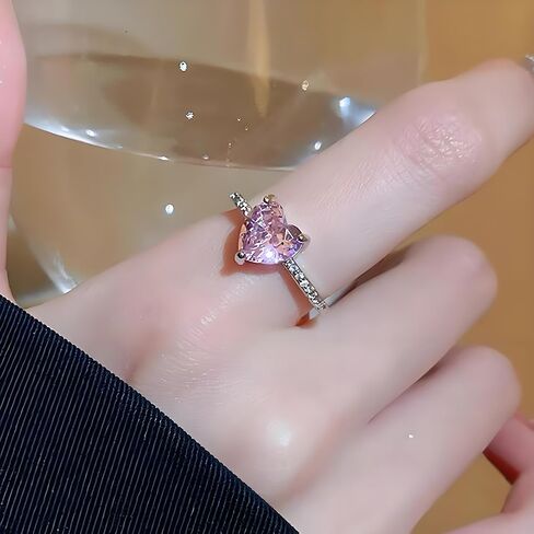925 Sterling Silver Plated Birthstone Rings for Women, Pink Heart CZ Adjustable Open Heart Cubic Zirconia Birthstone Band Ring Birthday Month Wedding Jewelry Gifts in Saudi Arabia