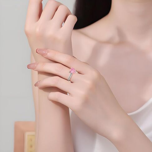 925 Sterling Silver Plated Birthstone Rings for Women, Pink Heart CZ Adjustable Open Heart Cubic Zirconia Birthstone Band Ring Birthday Month Wedding Jewelry Gifts in Saudi Arabia