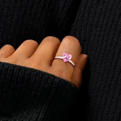 925 Sterling Silver Plated Birthstone Rings for Women, Pink Heart CZ Adjustable Open Heart Cubic Zirconia Birthstone Band Ring Birthday Month Wedding Jewelry Gifts in Saudi Arabia