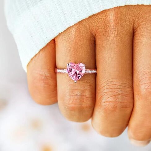 925 Sterling Silver Plated Birthstone Rings for Women, Pink Heart CZ Adjustable Open Heart Cubic Zirconia Birthstone Band Ring Birthday Month Wedding Jewelry Gifts in Saudi Arabia
