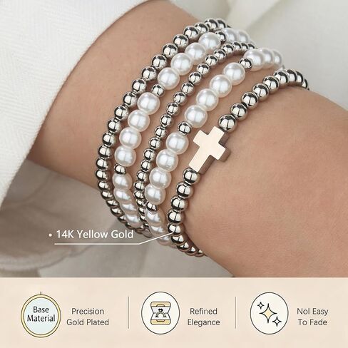 5pcs Gold Beaded Cross Bracelets for Women - 14K Gold Plated Stainless Steel Stretch Stackable Bracelet Set with Glass Pearls, Non Tarnish Waterproof Religious Jewelry Gifts for Teen Girls in Saudi Arabia