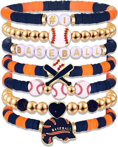 أساور بيسبول مطرزة بيوم اللعبة للنساء والجنسين إكسسوارات رياضية مجموعة مجوهرات مكونة من 7 قطع قابلة للتكديس قابلة للتمدد وقابلة للتعديل من سبيكة هدايا لهدايا عيد الفصح برتقالي أزرق in Kuwait