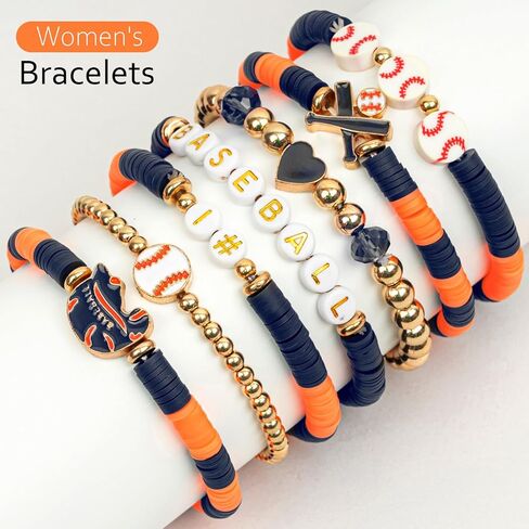 أساور بيسبول مطرزة بيوم اللعبة للنساء والجنسين إكسسوارات رياضية مجموعة مجوهرات مكونة من 7 قطع قابلة للتكديس قابلة للتمدد وقابلة للتعديل من سبيكة هدايا لهدايا عيد الفصح برتقالي أزرق in Kuwait