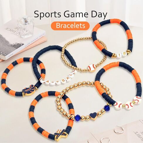 أساور بيسبول مطرزة بيوم اللعبة للنساء والجنسين إكسسوارات رياضية مجموعة مجوهرات مكونة من 7 قطع قابلة للتكديس قابلة للتمدد وقابلة للتعديل من سبيكة هدايا لهدايا عيد الفصح برتقالي أزرق in Kuwait