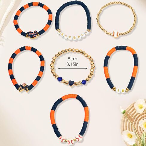 أساور بيسبول مطرزة بيوم اللعبة للنساء والجنسين إكسسوارات رياضية مجموعة مجوهرات مكونة من 7 قطع قابلة للتكديس قابلة للتمدد وقابلة للتعديل من سبيكة هدايا لهدايا عيد الفصح برتقالي أزرق in Kuwait