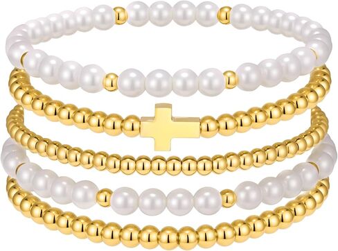 5pcs Gold Beaded Cross Bracelets for Women - 14K Gold Plated Stainless Steel Stretch Stackable Bracelet Set with Glass Pearls, Non Tarnish Waterproof Religious Jewelry Gifts for Teen Girls in Saudi Arabia