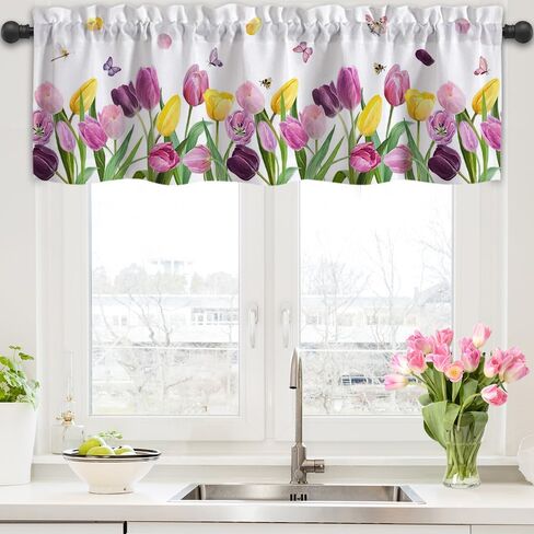ستائر المطبخ الربيعية للنوافذ، ستائر فراشة الربيع مع جيب قضيب لنافذة الحمام ديكور المنزل، 54 × 18 بوصة in Kuwait