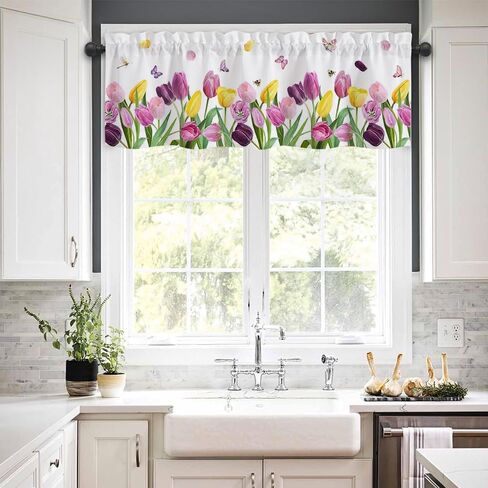 ستائر المطبخ الربيعية للنوافذ، ستائر فراشة الربيع مع جيب قضيب لنافذة الحمام ديكور المنزل، 54 × 18 بوصة in Kuwait