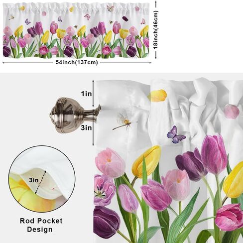 ستائر المطبخ الربيعية للنوافذ، ستائر فراشة الربيع مع جيب قضيب لنافذة الحمام ديكور المنزل، 54 × 18 بوصة in Kuwait