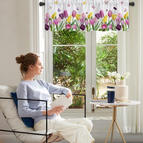 ستائر المطبخ الربيعية للنوافذ، ستائر فراشة الربيع مع جيب قضيب لنافذة الحمام ديكور المنزل، 54 × 18 بوصة in Kuwait