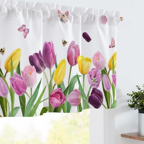 ستائر المطبخ الربيعية للنوافذ، ستائر فراشة الربيع مع جيب قضيب لنافذة الحمام ديكور المنزل، 54 × 18 بوصة in Kuwait