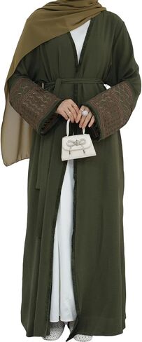 Muslim Dresses for Women Ramadan Kimono Long Sleeve Embroidered Islamic Cardigan Prayer Dress Abaya Kaftan with Belt in Saudi Arabia