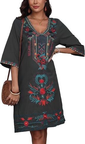 Grosy Women’s Embroidered Mexican Fiesta Dress Plus Size Traditional Floral Boho Dresses for Women Peasant Hippie Outfit in Kuwait