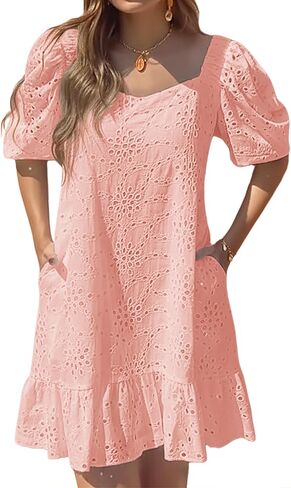 Womens Boho Summer Dresses V Neck Short Sleeve Casual Beach Vacation Dress Women Hem Floral Eyelet with Pocket in Saudi Arabia