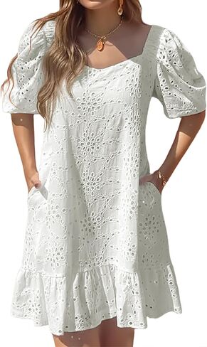 Womens Boho Summer Dresses V Neck Short Sleeve Casual Beach Vacation Dress Women Hem Floral Eyelet with Pocket in Saudi Arabia
