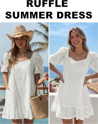 Womens Boho Summer Dresses V Neck Short Sleeve Casual Beach Vacation Dress Women Hem Floral Eyelet with Pocket in Saudi Arabia
